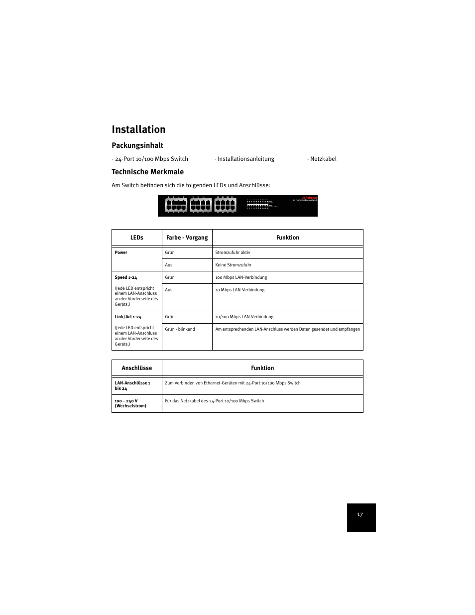 Deutsch, Installation, Deutsch installation | Packungsinhalt, Technische merkmale, Anschlüsse funktion | USRobotics 7924C User Manual | Page 21 / 88