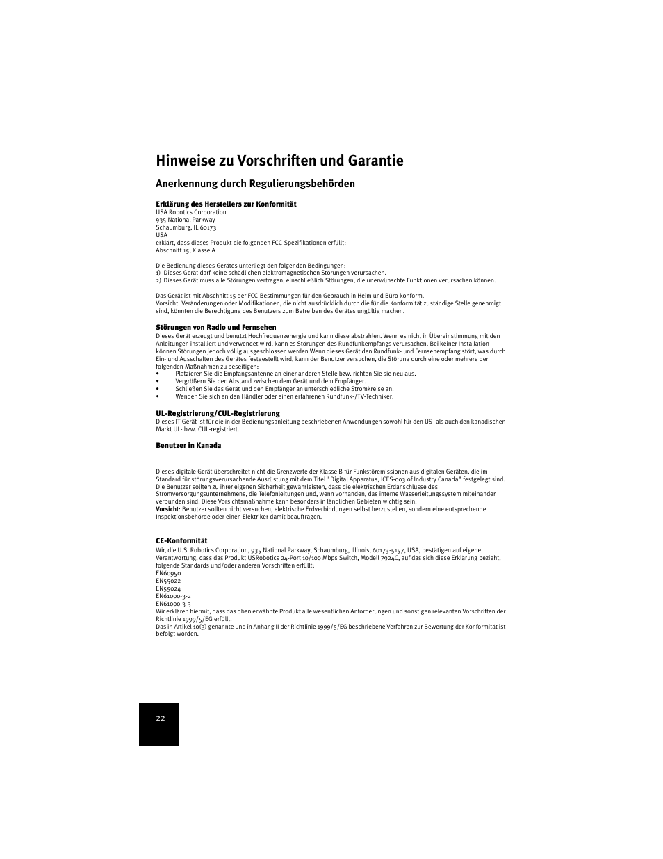 Hinweise zu vorschriften und garantie, Anerkennung durch regulierungsbehörden | USRobotics 7924C User Manual | Page 26 / 88