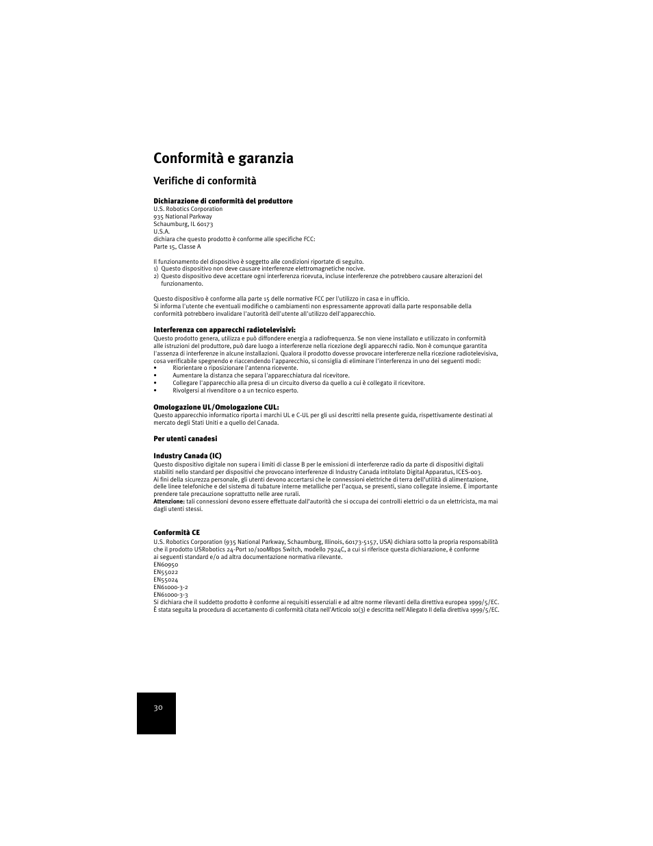 Conformità e garanzia, Verifiche di conformità | USRobotics 7924C User Manual | Page 34 / 88