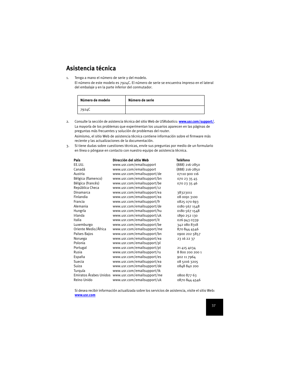 Asistencia técnica | USRobotics 7924C User Manual | Page 41 / 88