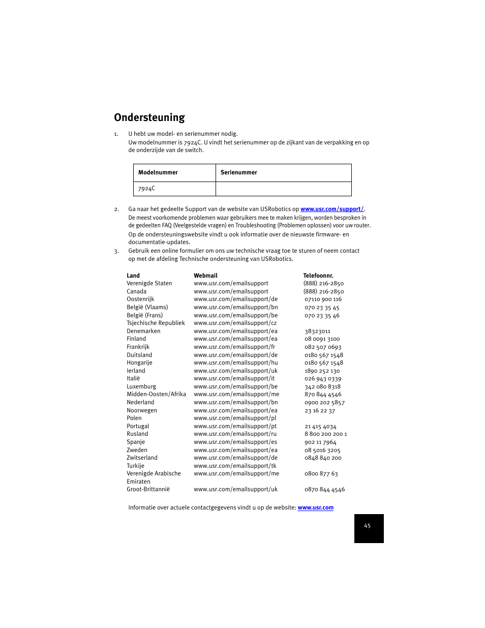 Ondersteuning | USRobotics 7924C User Manual | Page 49 / 88