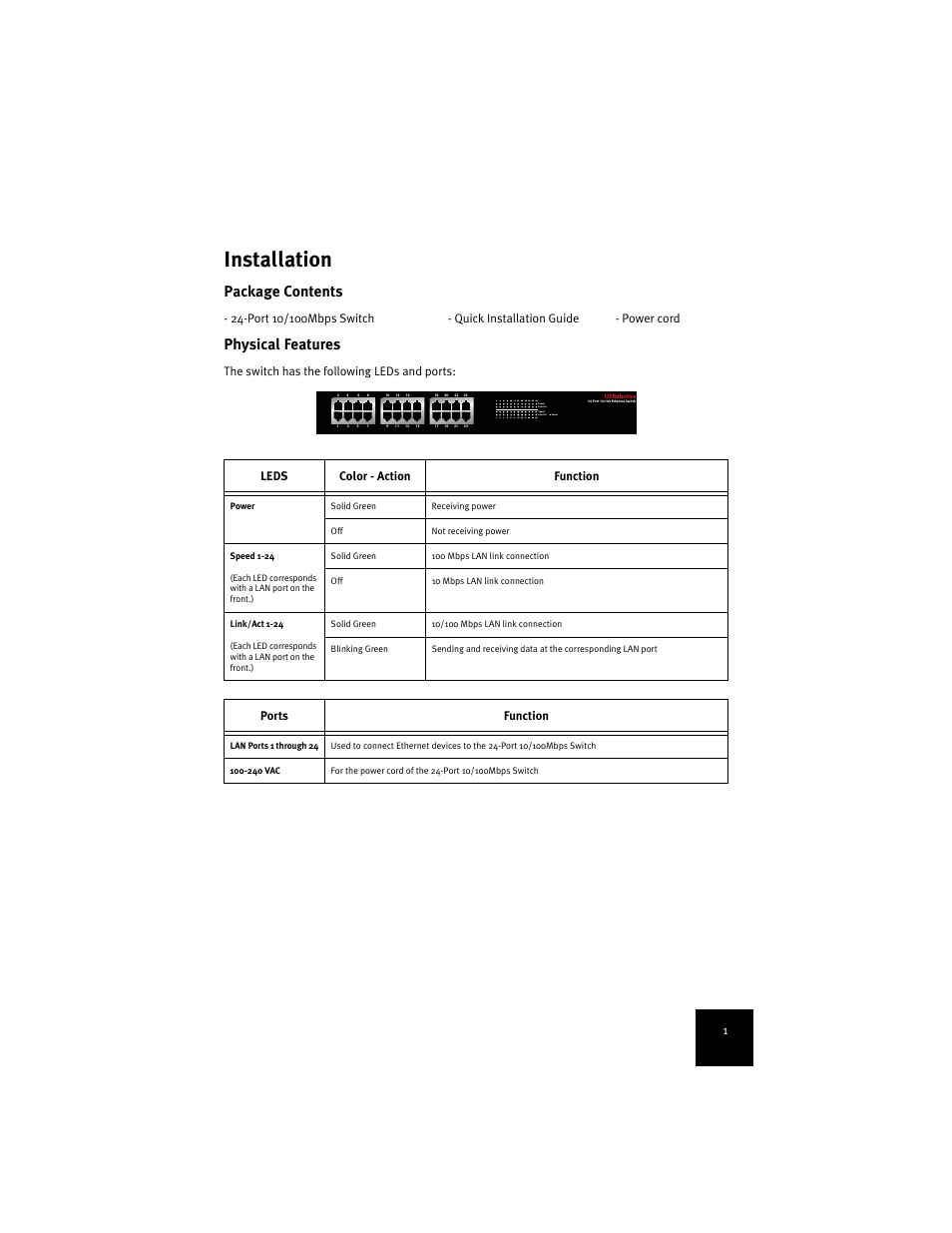 English, Installation, English installation | Package contents, Physical features, Ports function | USRobotics 7924C User Manual | Page 5 / 88