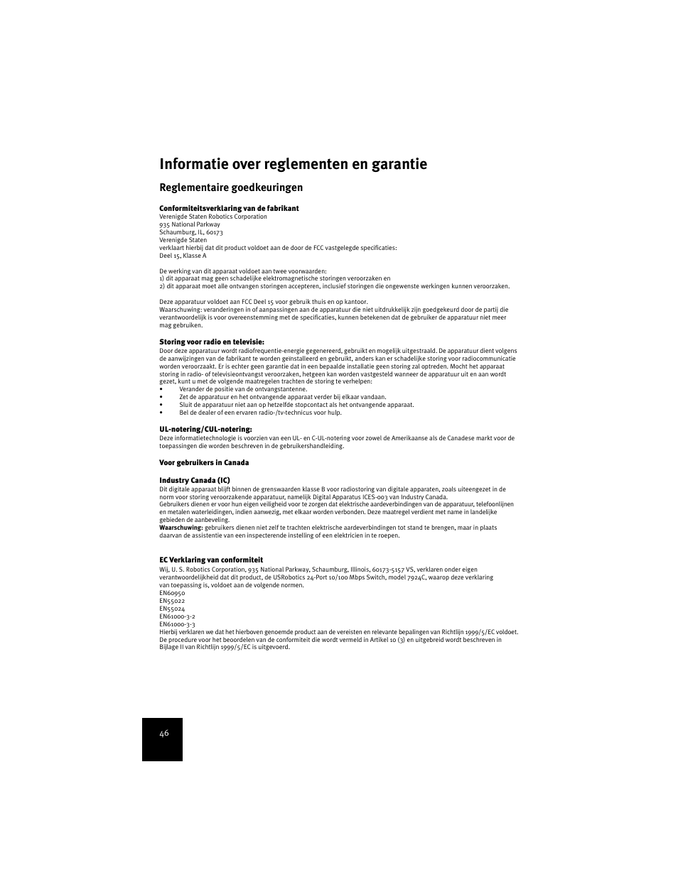 Informatie over reglementen en garantie, Reglementaire goedkeuringen | USRobotics 7924C User Manual | Page 50 / 88