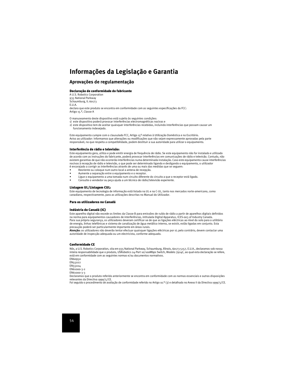Informações da legislação e garantia, Aprovações de regulamentação | USRobotics 7924C User Manual | Page 58 / 88