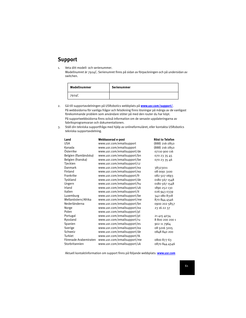 Support | USRobotics 7924C User Manual | Page 65 / 88