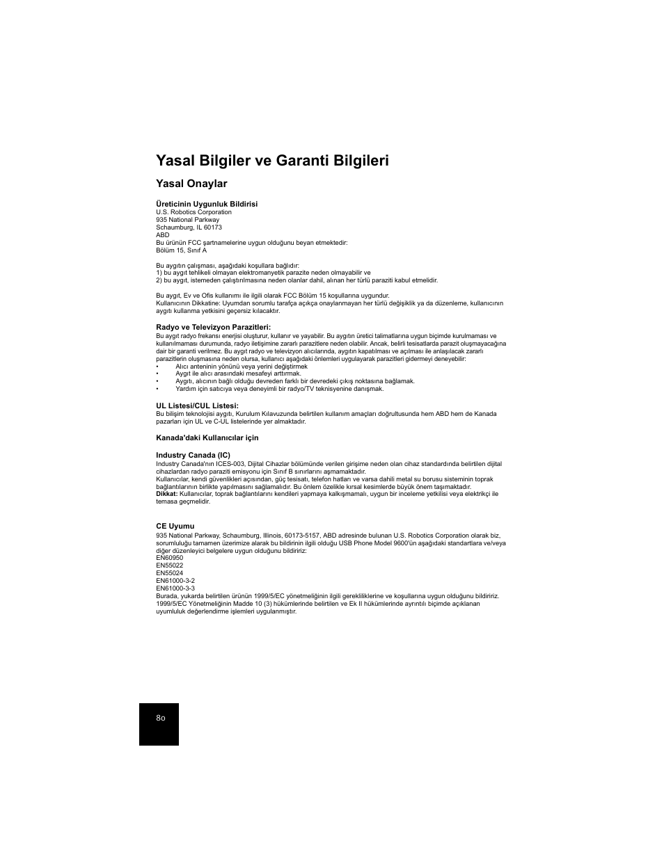 Yasal bilgiler ve garanti bilgileri, Yasal onaylar | USRobotics 7924C User Manual | Page 84 / 88
