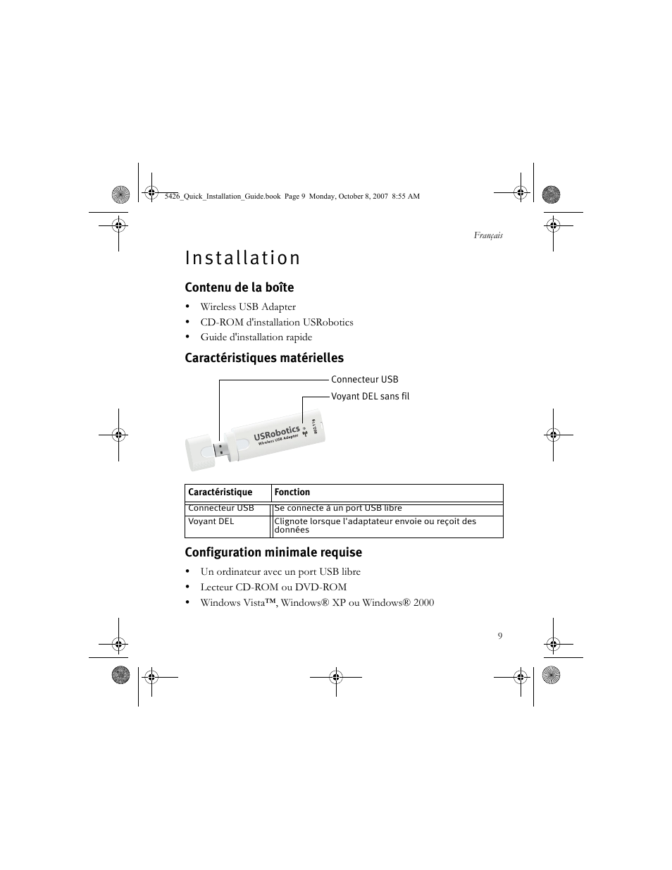 Français, Installation, Contenu de la boîte | Caractéristiques matérielles, Configuration minimale requise, F r a n ç a i s, I n s t a l l a t i o n | USRobotics 5426 User Manual | Page 11 / 56