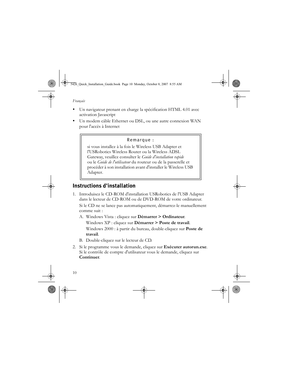 Instructions d'installation | USRobotics 5426 User Manual | Page 12 / 56