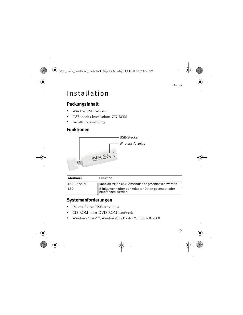 Deutsch, Installation, Packungsinhalt | Funktionen, Systemanforderungen, D e u t s c h, I n s t a l l a t i o n, Funktionen systemanforderungen | USRobotics 5426 User Manual | Page 17 / 56