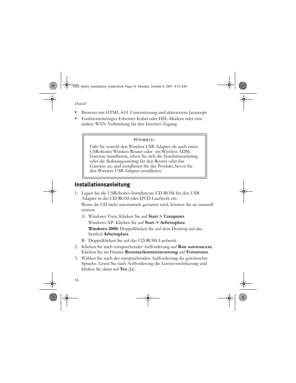 Installationsanleitung | USRobotics 5426 User Manual | Page 18 / 56