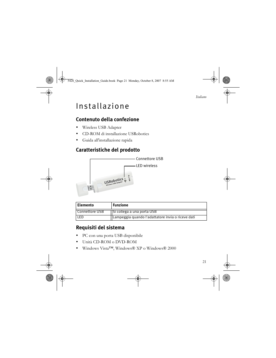 Italiano, Installazione, Contenuto della confezione | Caratteristiche del prodotto, Requisiti del sistema, I t a l i a n o, I n s t a l l a z i o n e, Caratteristiche del prodotto requisiti del sistema | USRobotics 5426 User Manual | Page 23 / 56