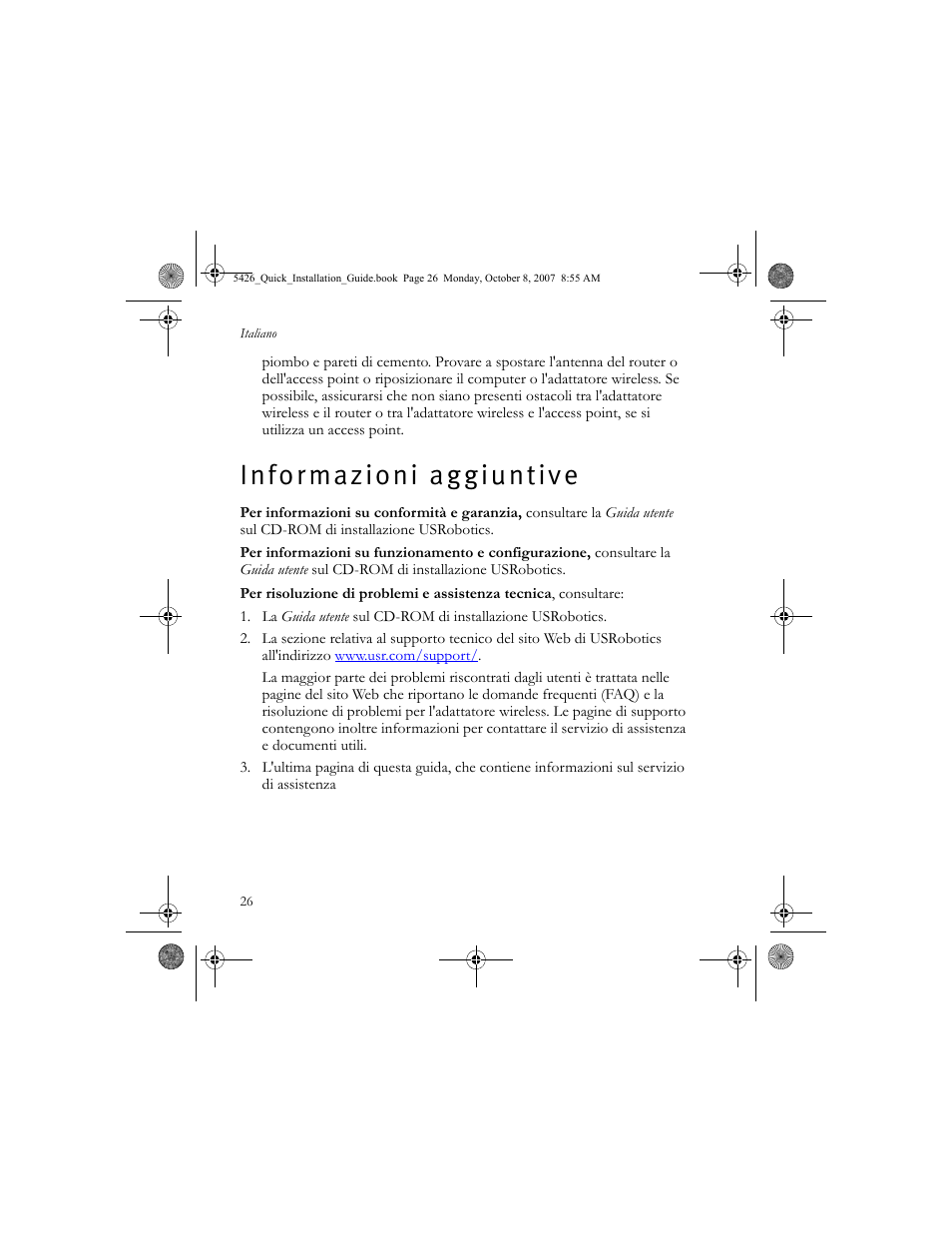 Informazioni aggiuntive, I n f o r m a z i o n i a g g i u n t i v e | USRobotics 5426 User Manual | Page 28 / 56