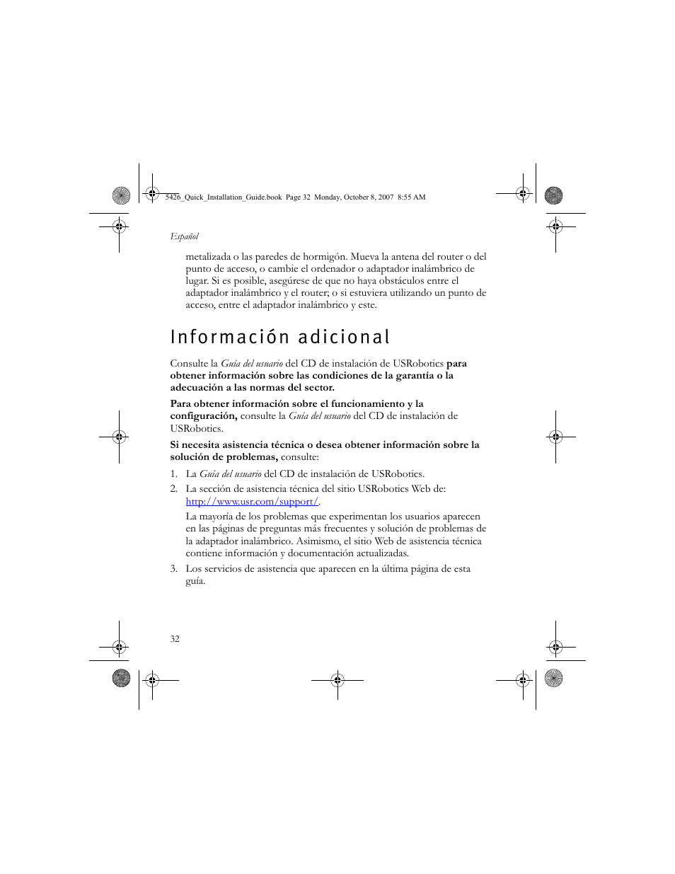 Información adicional, I n f o r m a c i ó n a d i c i o n a l | USRobotics 5426 User Manual | Page 34 / 56