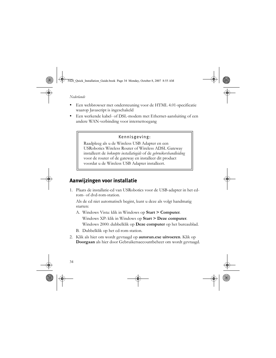 Aanwijzingen voor installatie | USRobotics 5426 User Manual | Page 36 / 56