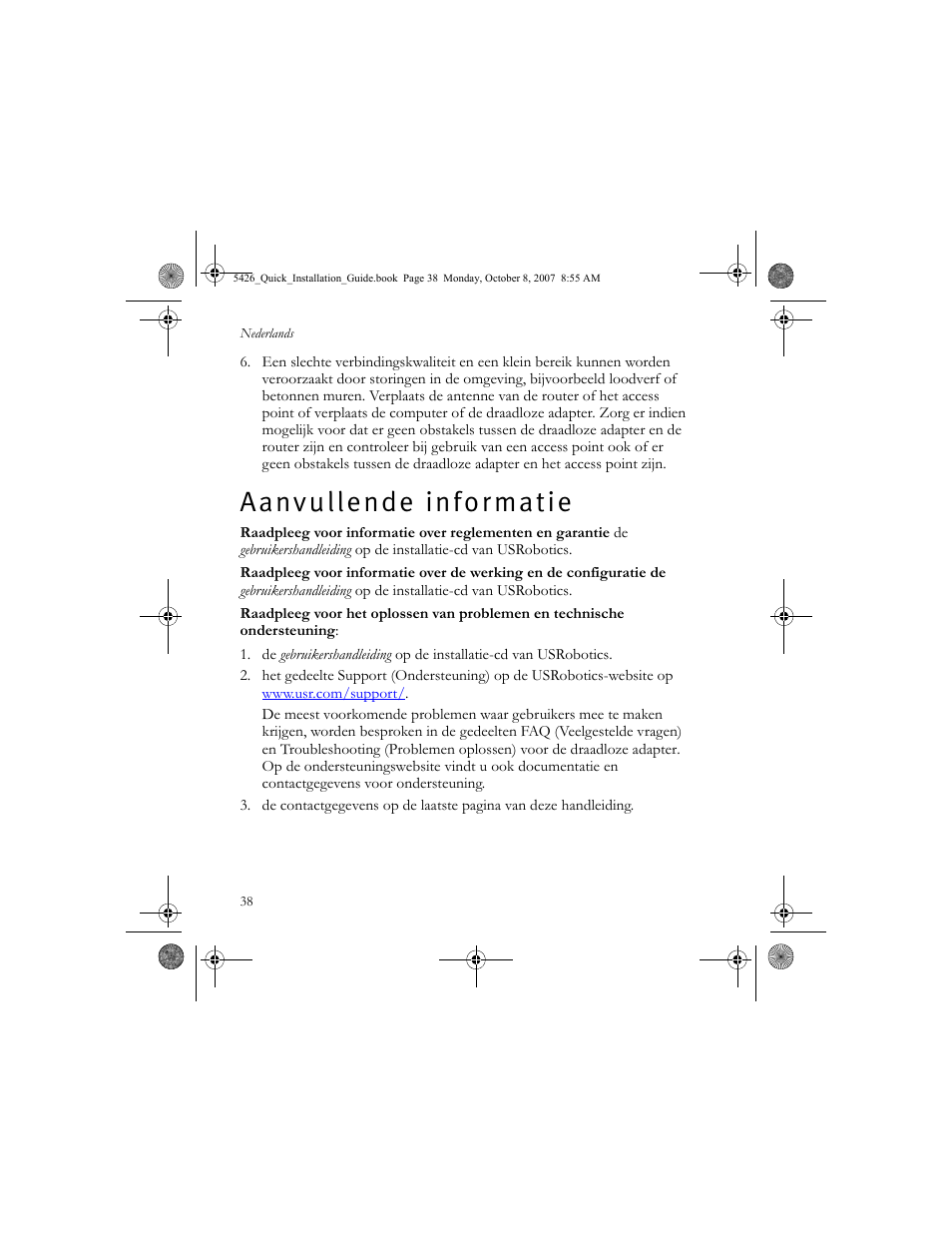 Aanvullende informatie, A a n v u l l e n d e i n f o r m a t i e | USRobotics 5426 User Manual | Page 40 / 56