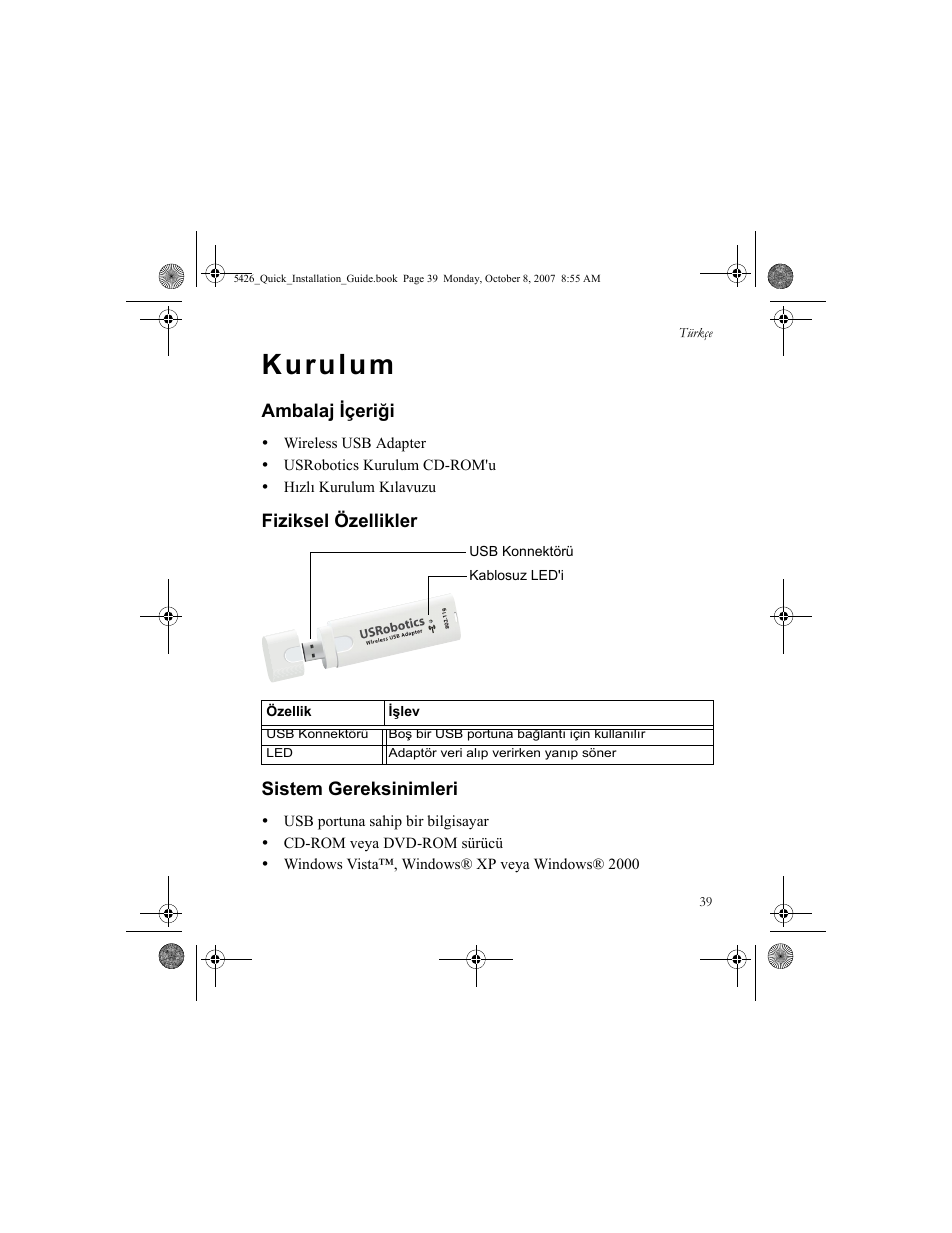 Türkçe, Kurulum, Ambalaj içeriği | Fiziksel özellikler, Sistem gereksinimleri, Fiziksel özellikler sistem gereksinimleri | USRobotics 5426 User Manual | Page 41 / 56