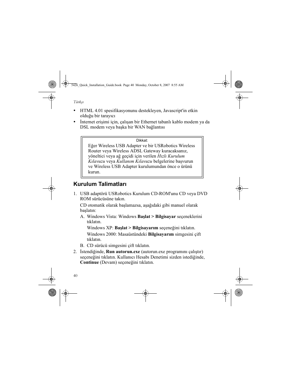 Kurulum talimatları | USRobotics 5426 User Manual | Page 42 / 56