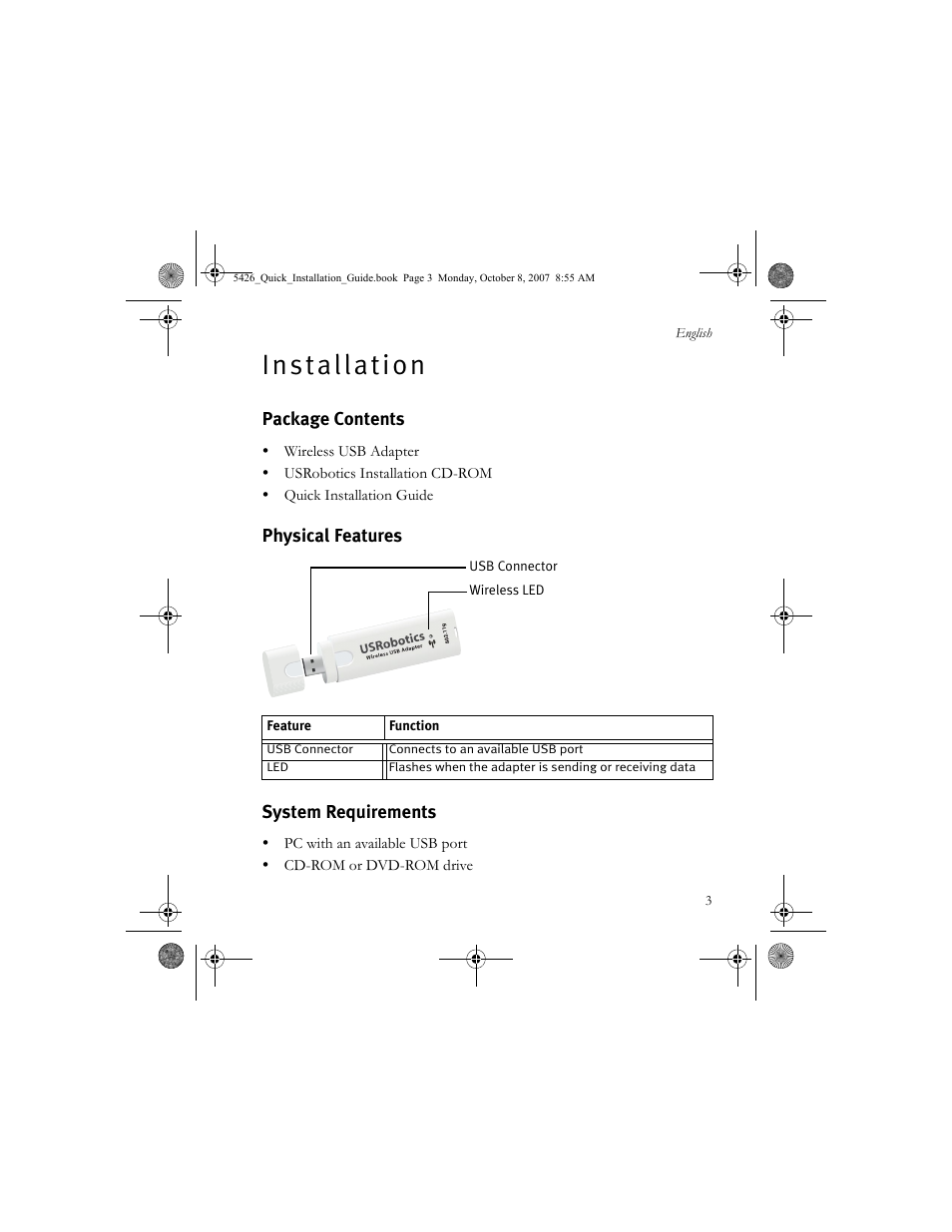 English, Installation, Package contents | Physical features, System requirements, I n s t a l l a t i o n, Physical features system requirements | USRobotics 5426 User Manual | Page 5 / 56