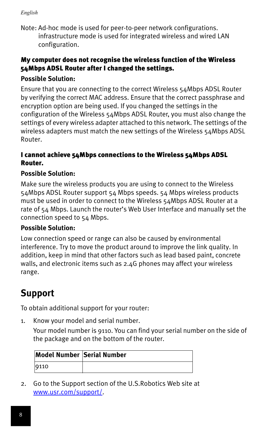 Support | USRobotics Wireless 54Mbps ADSL Router User Manual | Page 12 / 76