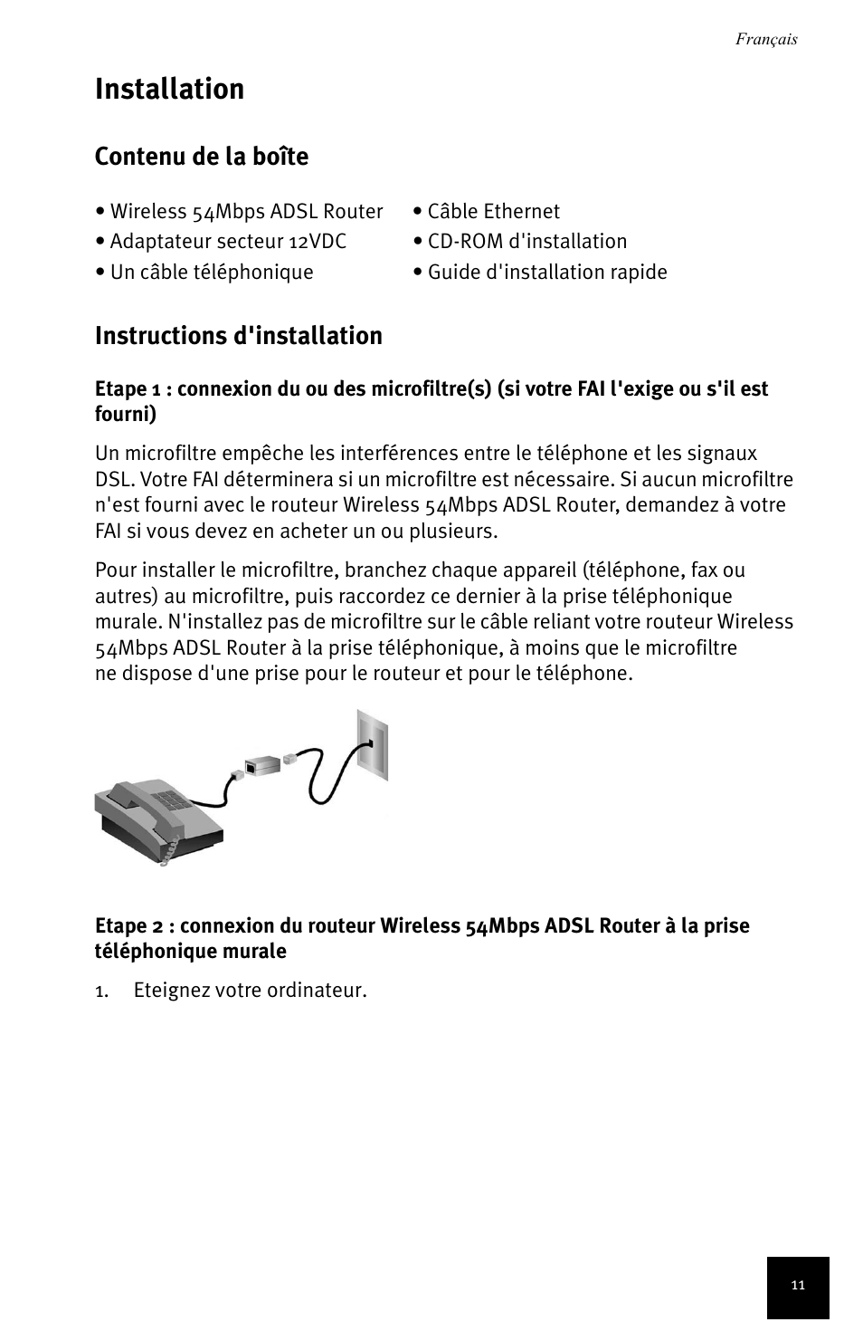 Français, Installation, Contenu de la boîte instructions d'installation | USRobotics Wireless 54Mbps ADSL Router User Manual | Page 15 / 76