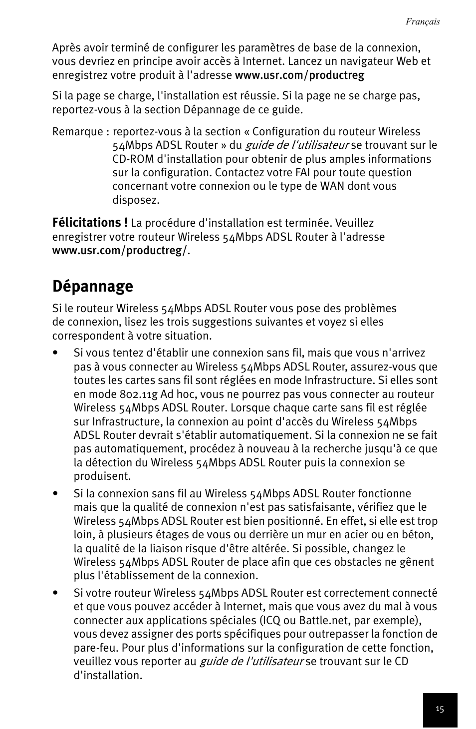 Dépannage | USRobotics Wireless 54Mbps ADSL Router User Manual | Page 19 / 76