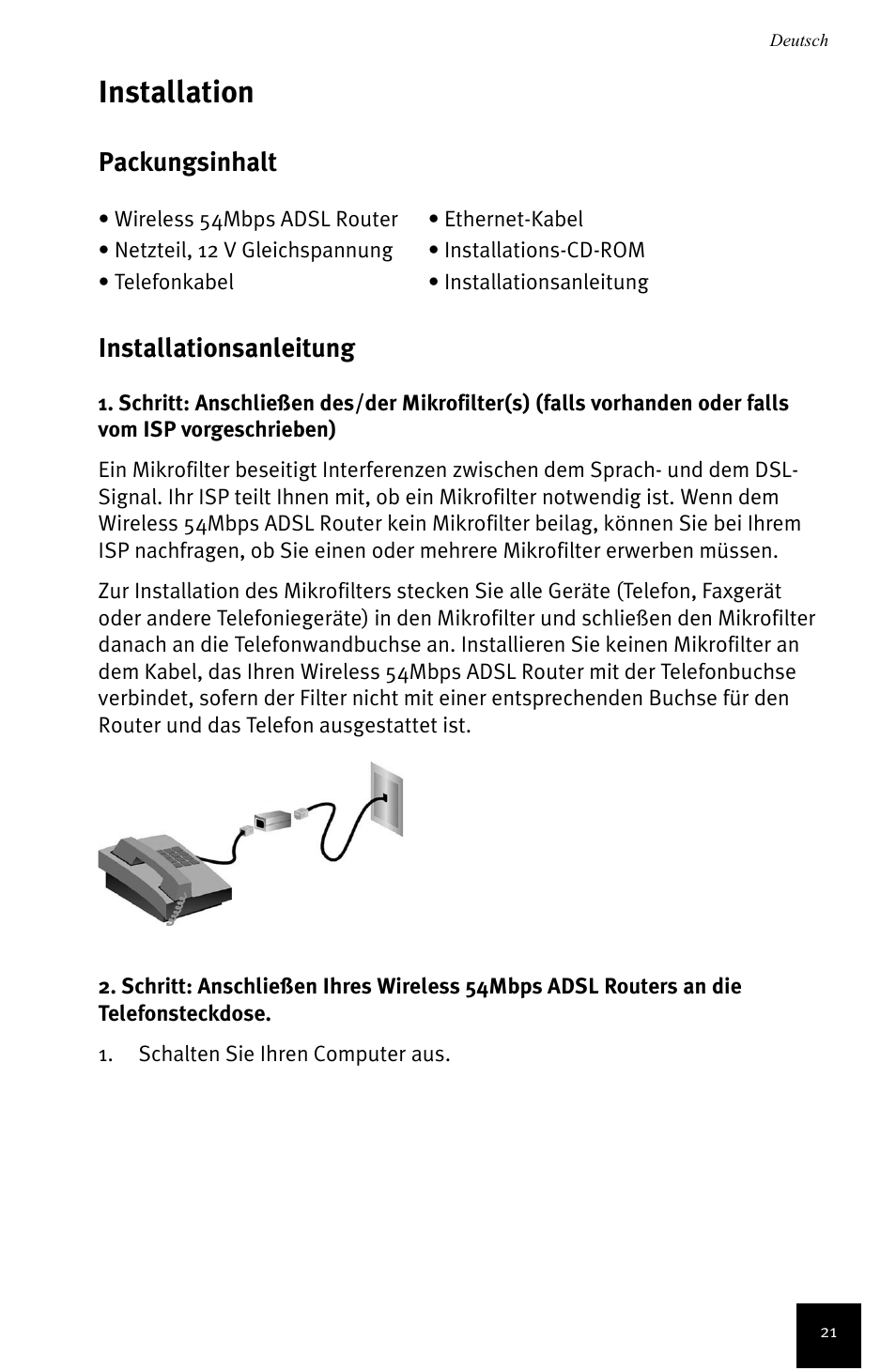 Deutsch, Installation, Packungsinhalt installationsanleitung | USRobotics Wireless 54Mbps ADSL Router User Manual | Page 25 / 76