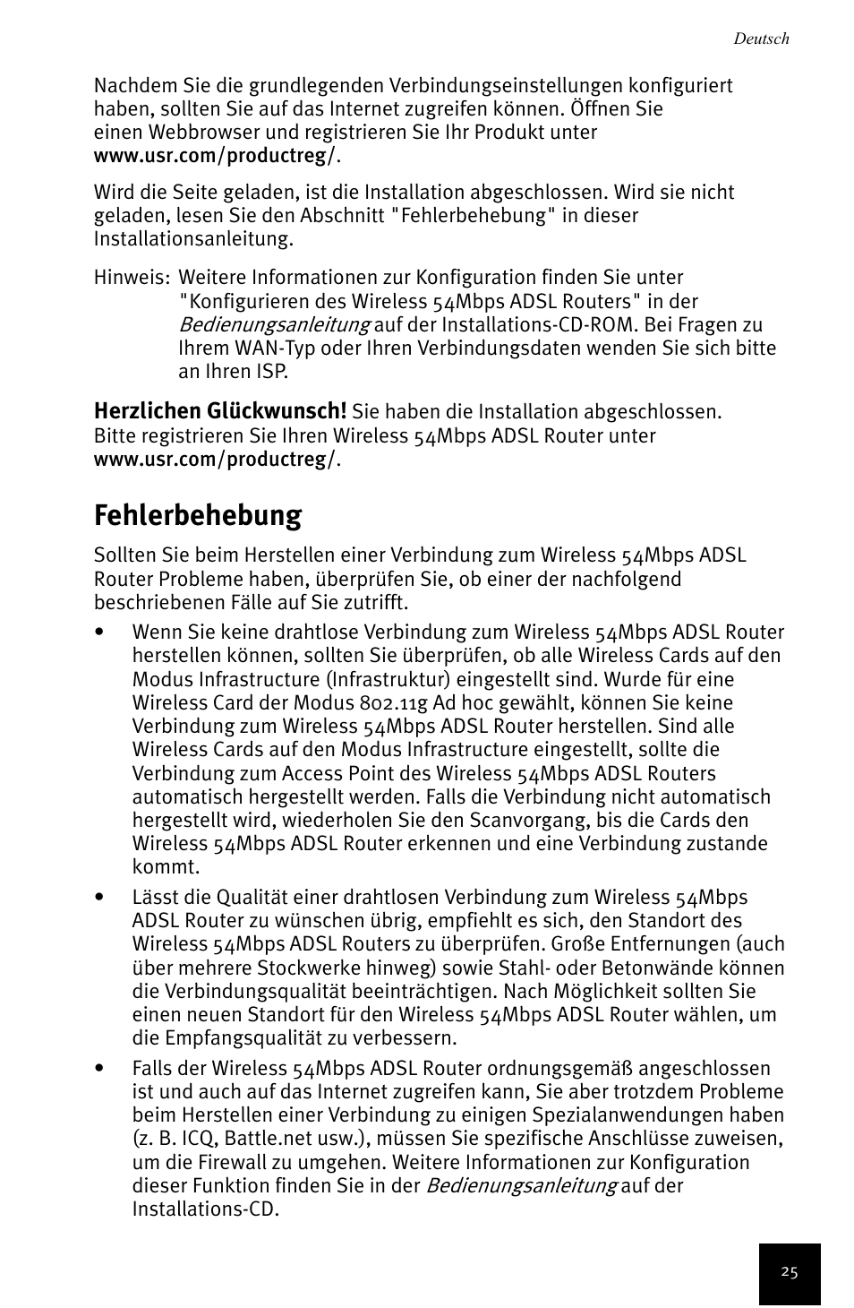 Fehlerbehebung | USRobotics Wireless 54Mbps ADSL Router User Manual | Page 29 / 76