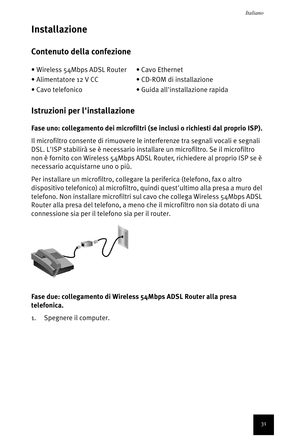 Italiano, Installazione | USRobotics Wireless 54Mbps ADSL Router User Manual | Page 35 / 76