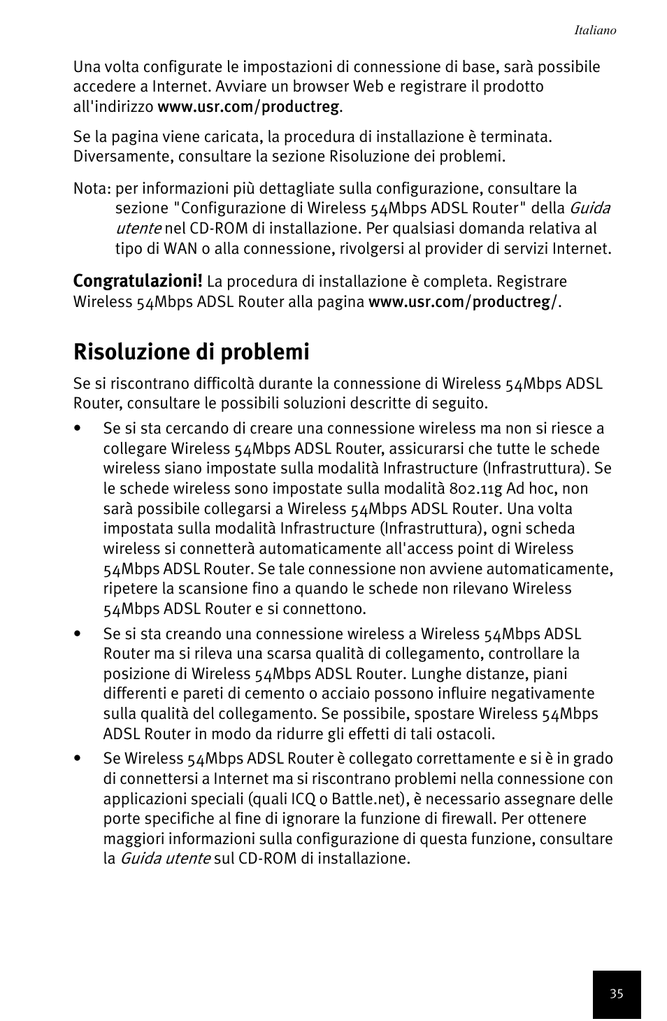 Risoluzione di problemi | USRobotics Wireless 54Mbps ADSL Router User Manual | Page 39 / 76