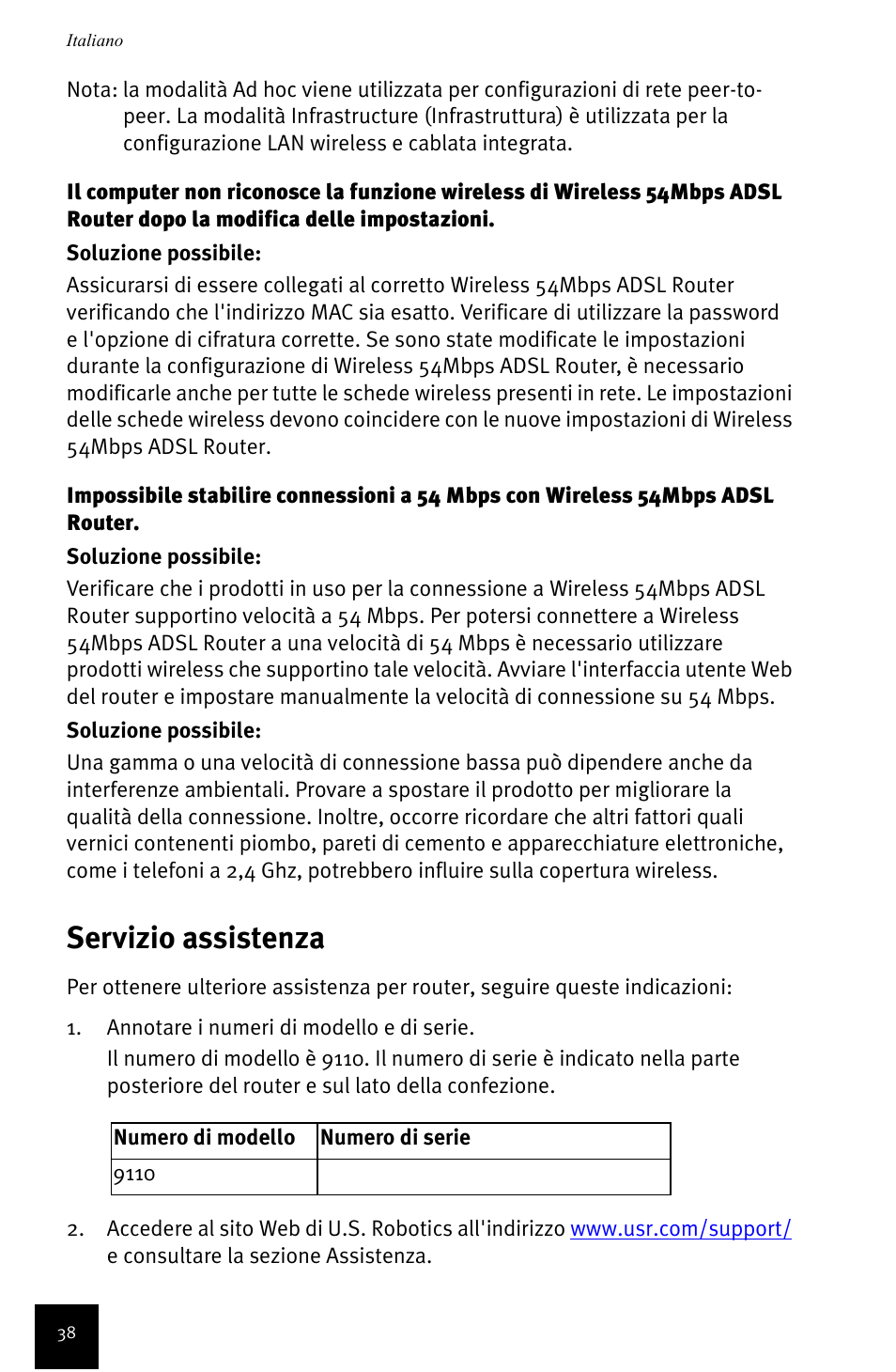 Servizio assistenza | USRobotics Wireless 54Mbps ADSL Router User Manual | Page 42 / 76