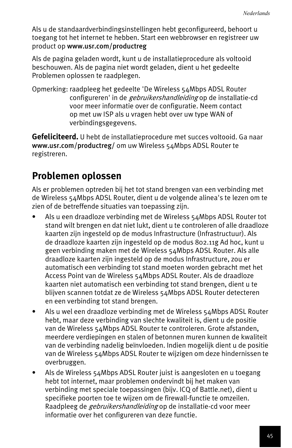 Problemen oplossen | USRobotics Wireless 54Mbps ADSL Router User Manual | Page 49 / 76