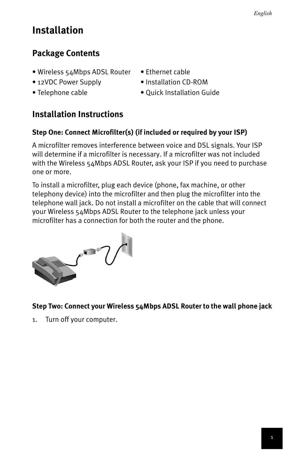 English, Installation, Package contents installation instructions | USRobotics Wireless 54Mbps ADSL Router User Manual | Page 5 / 76