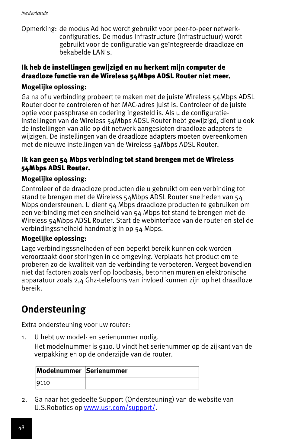 Ondersteuning | USRobotics Wireless 54Mbps ADSL Router User Manual | Page 52 / 76