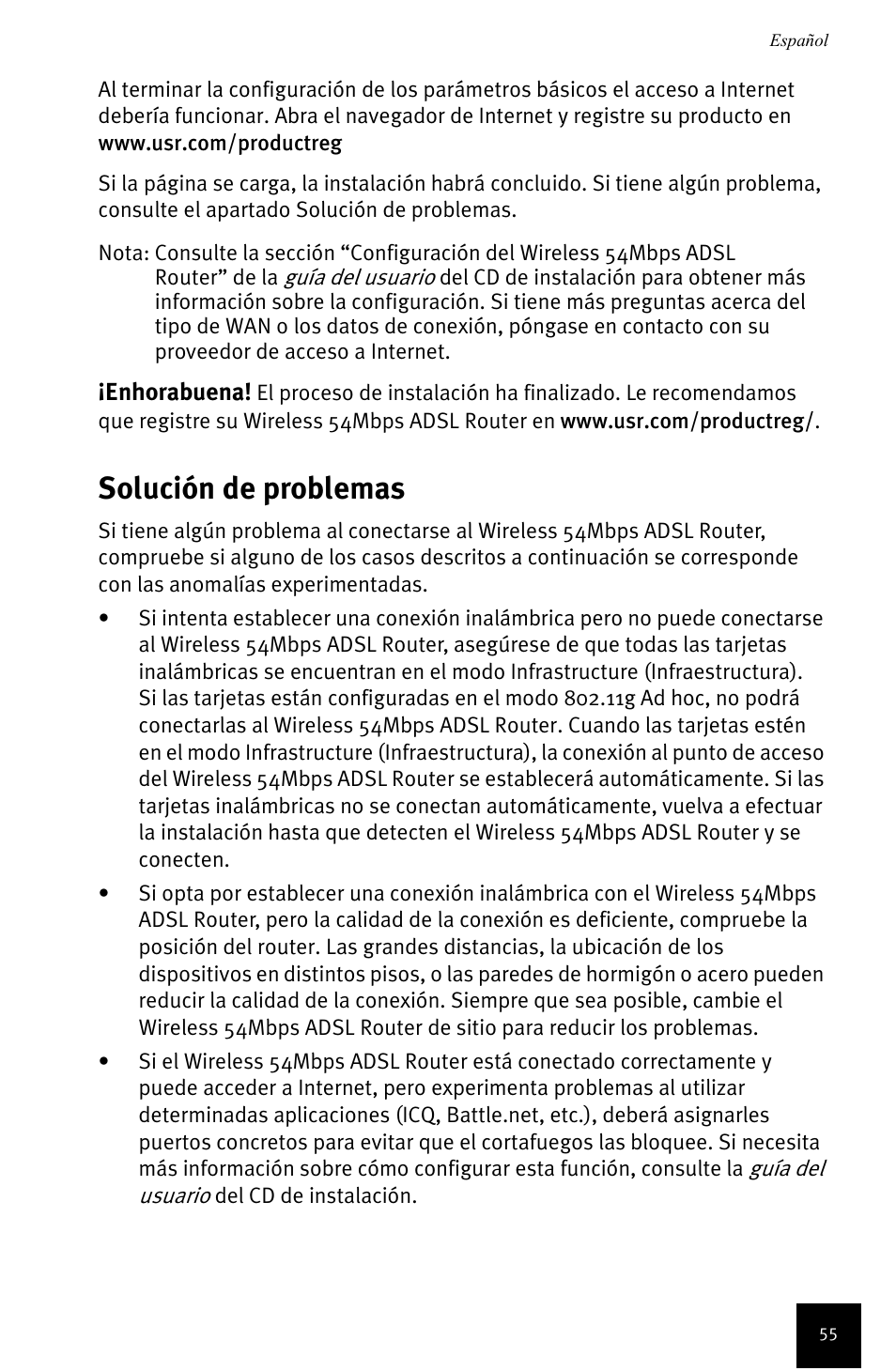 Solución de problemas | USRobotics Wireless 54Mbps ADSL Router User Manual | Page 59 / 76