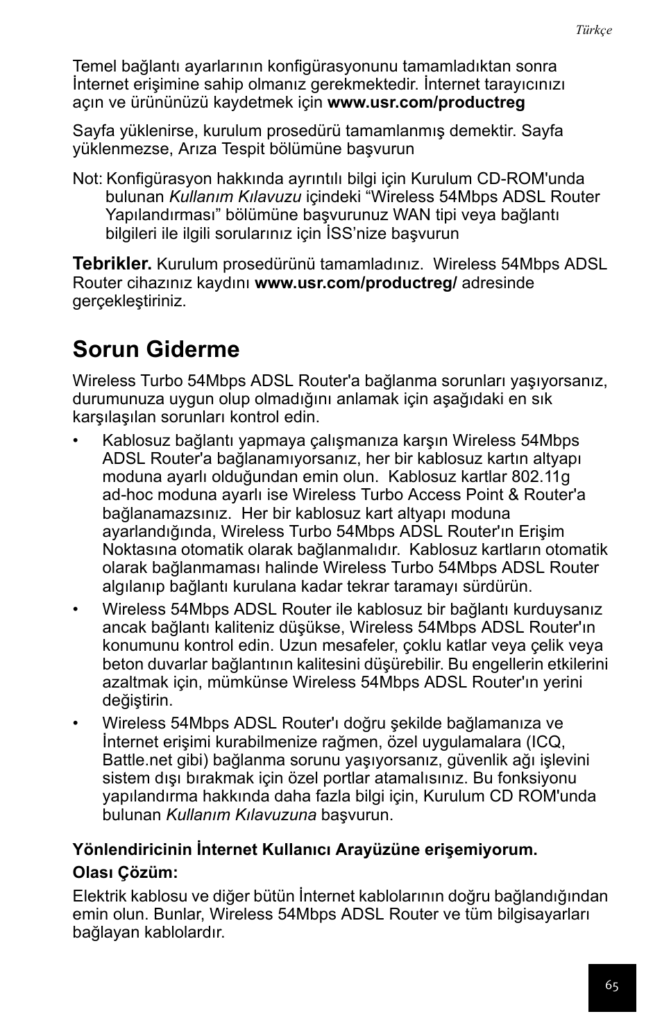 Sorun giderme | USRobotics Wireless 54Mbps ADSL Router User Manual | Page 69 / 76