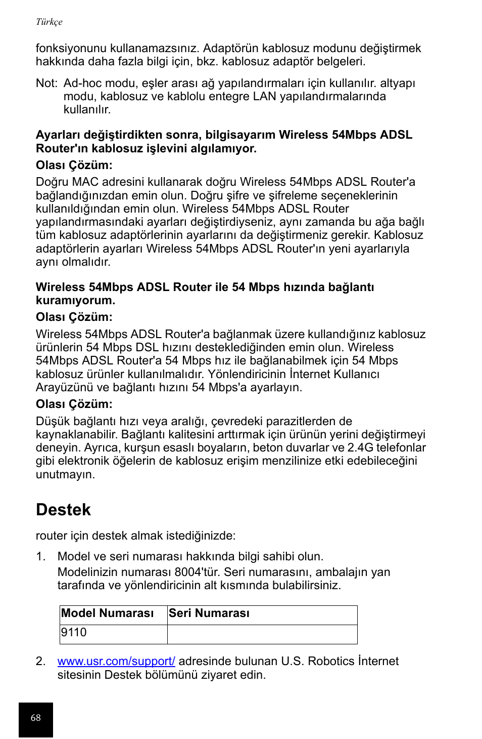 Destek | USRobotics Wireless 54Mbps ADSL Router User Manual | Page 72 / 76