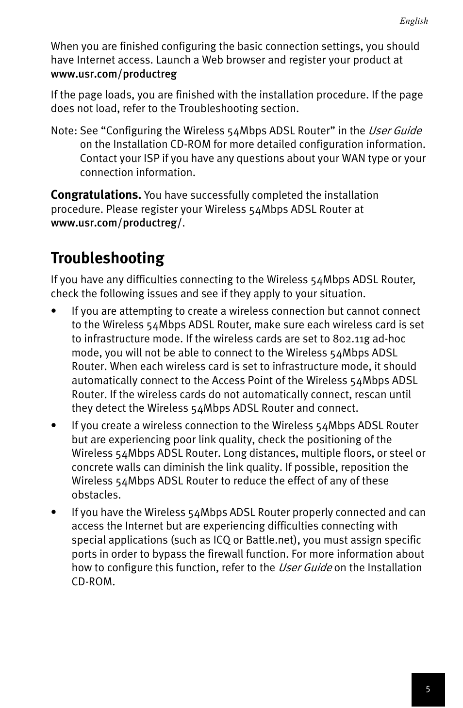 Troubleshooting | USRobotics Wireless 54Mbps ADSL Router User Manual | Page 9 / 76