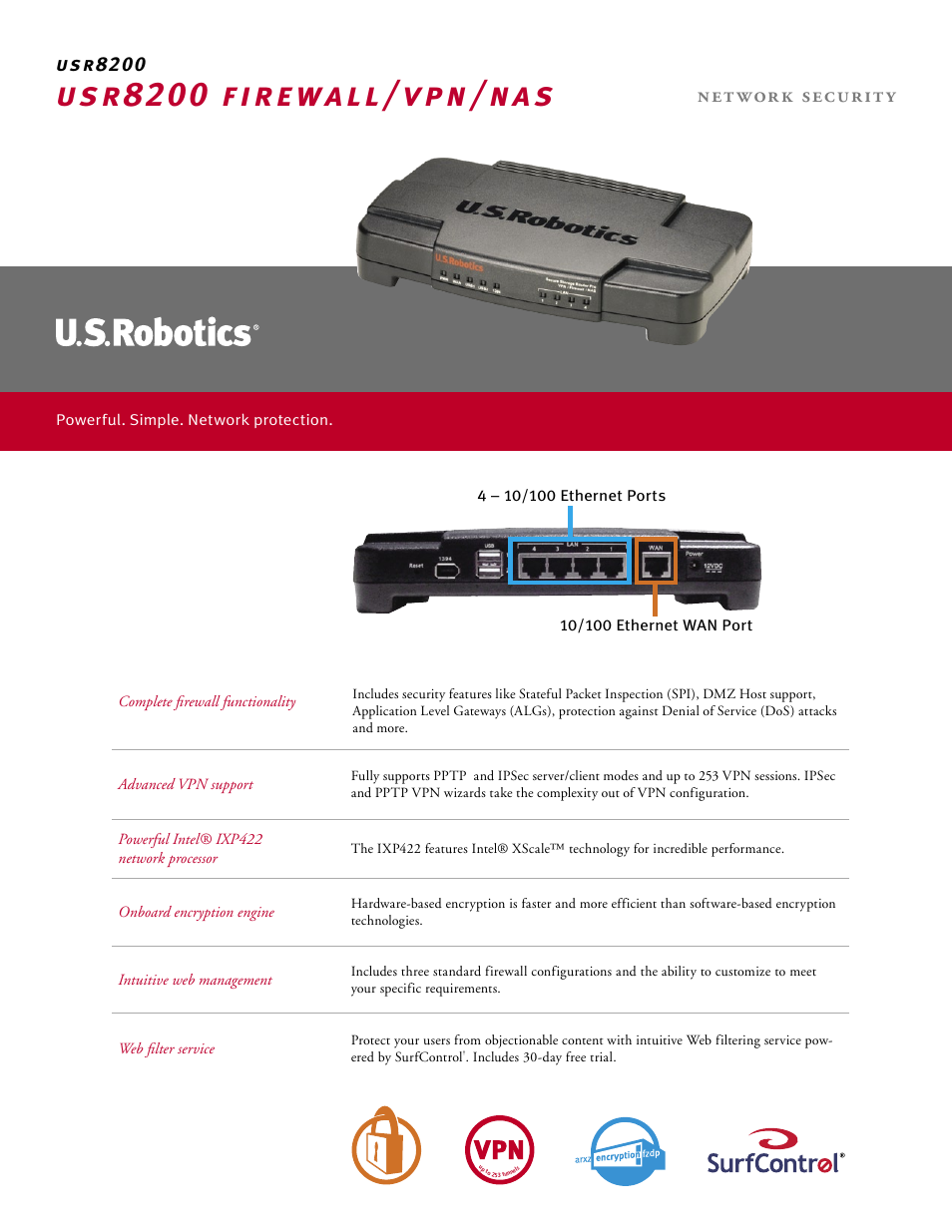 Usr8200 firewall/vpn/nas, Network security, Usr8200 | USRobotics Modem/Router User Manual | Page 2 / 4