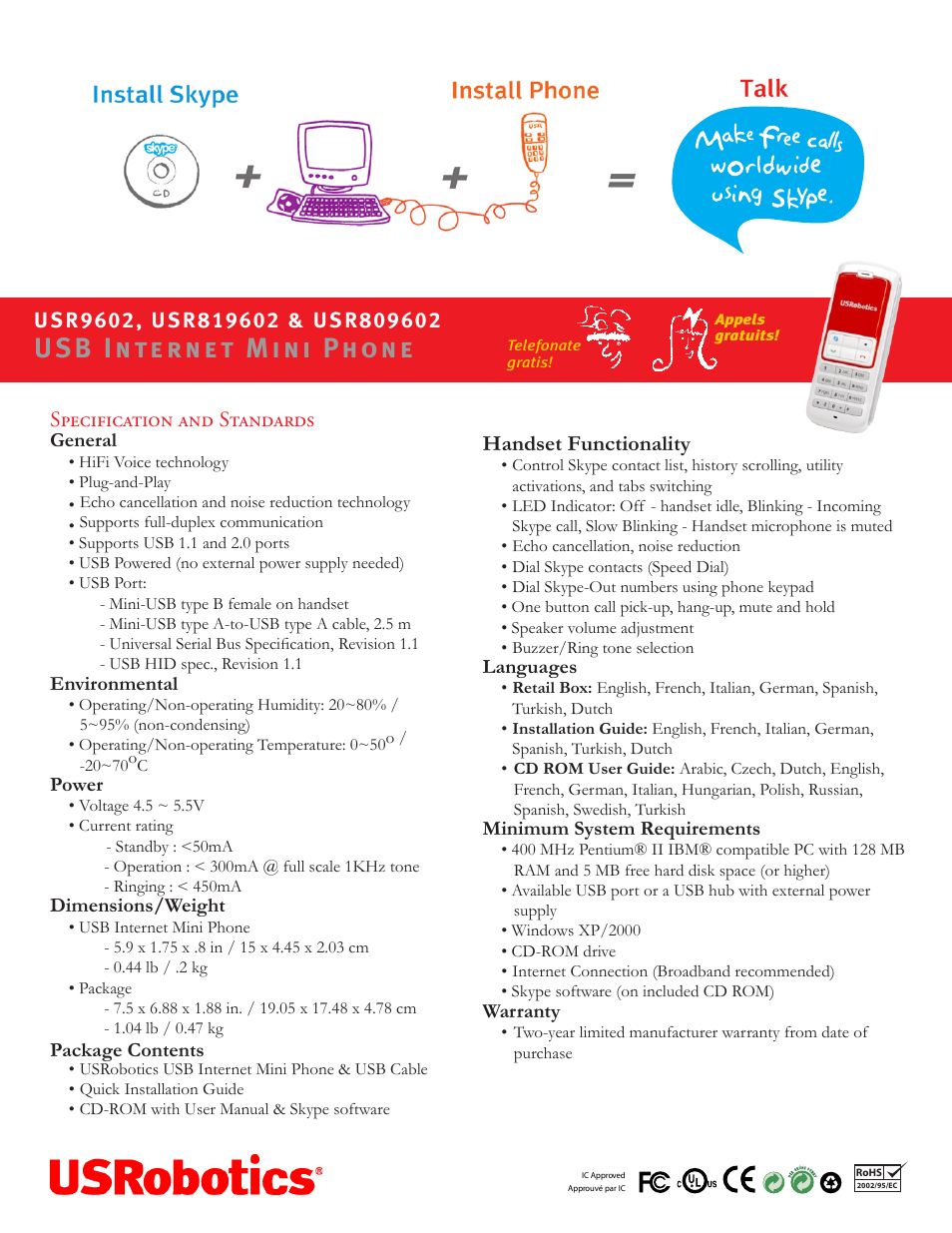 Usb internet mini phone, Specification and standards, Handset functionality | General, Environmental, Power, Dimensions/weight, Package contents, Languages, Minimum system requirements | USRobotics USR819602 User Manual | Page 2 / 2