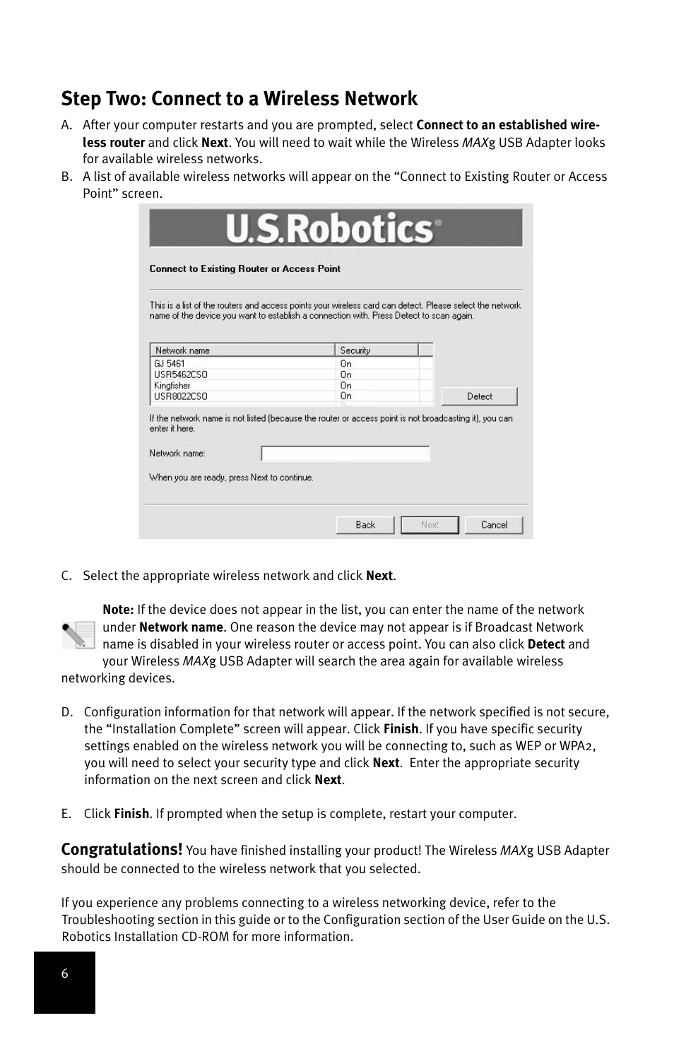 Step two: connect to a wireless network | USRobotics MAXg User Manual | Page 10 / 90