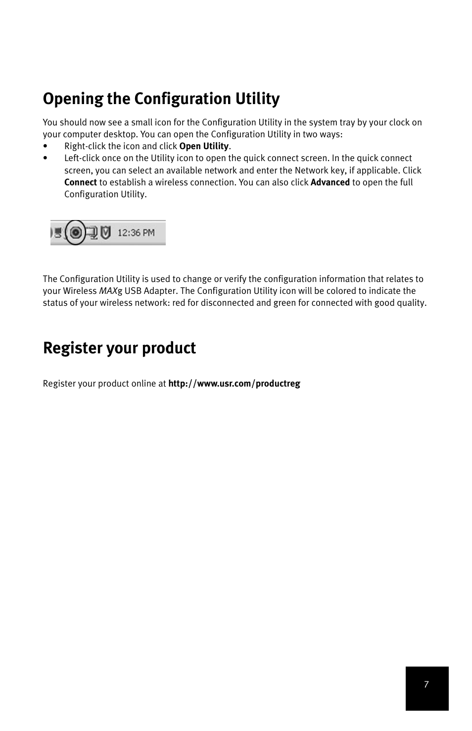 Opening the configuration utility, Register your product | USRobotics MAXg User Manual | Page 11 / 90