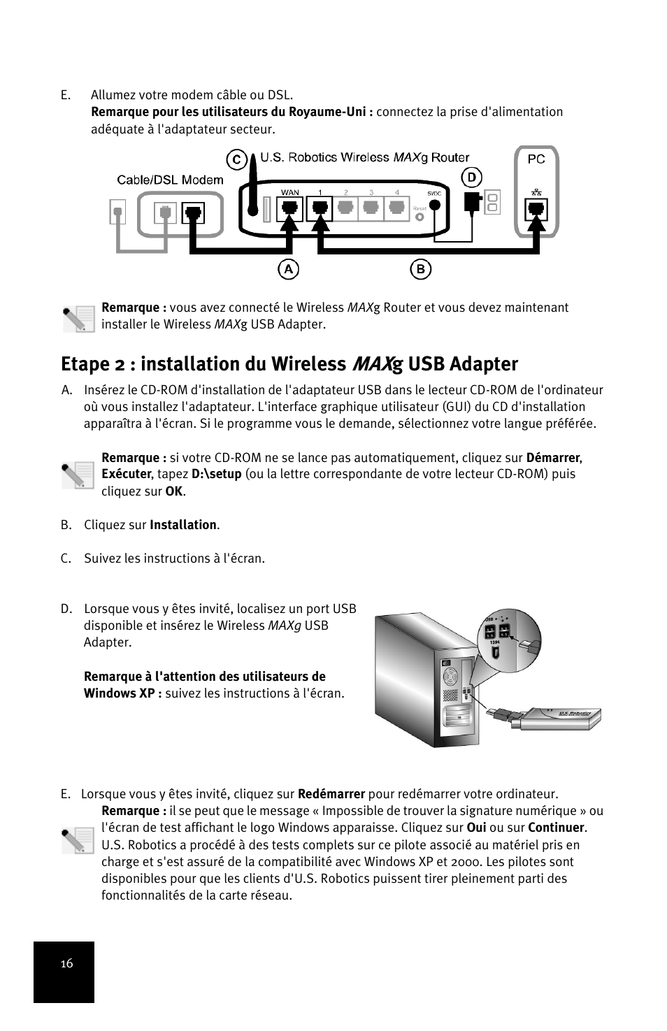 Etape 2 : installation du wireless, G usb adapter | USRobotics MAXg User Manual | Page 20 / 90