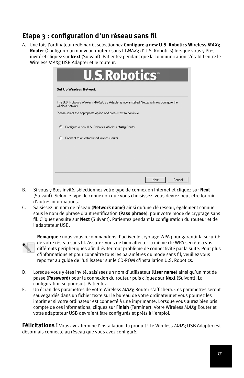 Etape 3 : configuration d'un réseau sans fil, Félicitations | USRobotics MAXg User Manual | Page 21 / 90