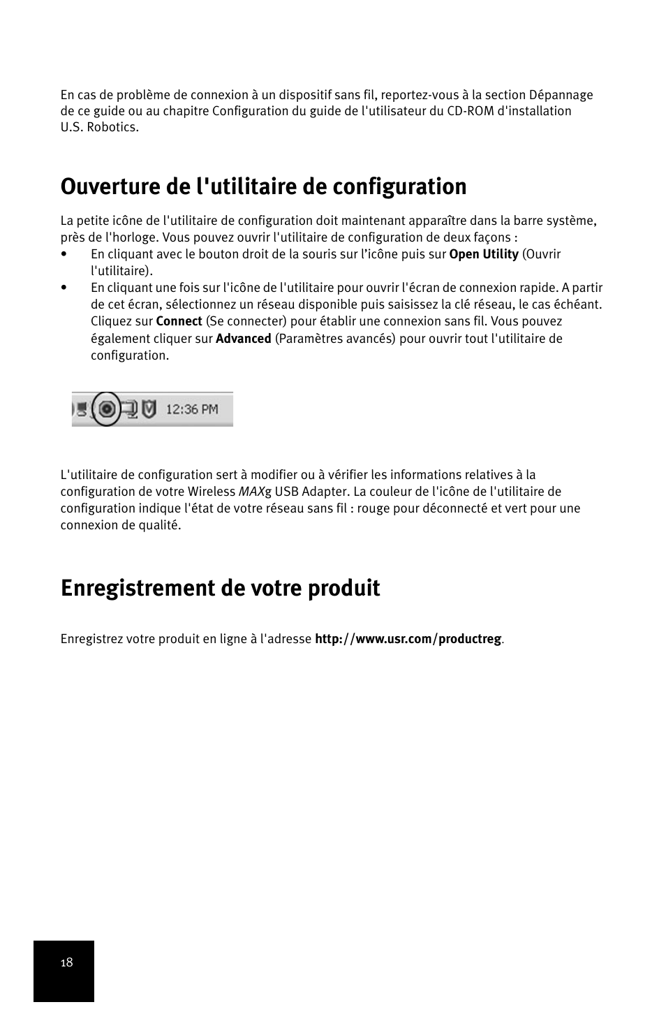 Ouverture de l'utilitaire de configuration, Enregistrement de votre produit | USRobotics MAXg User Manual | Page 22 / 90