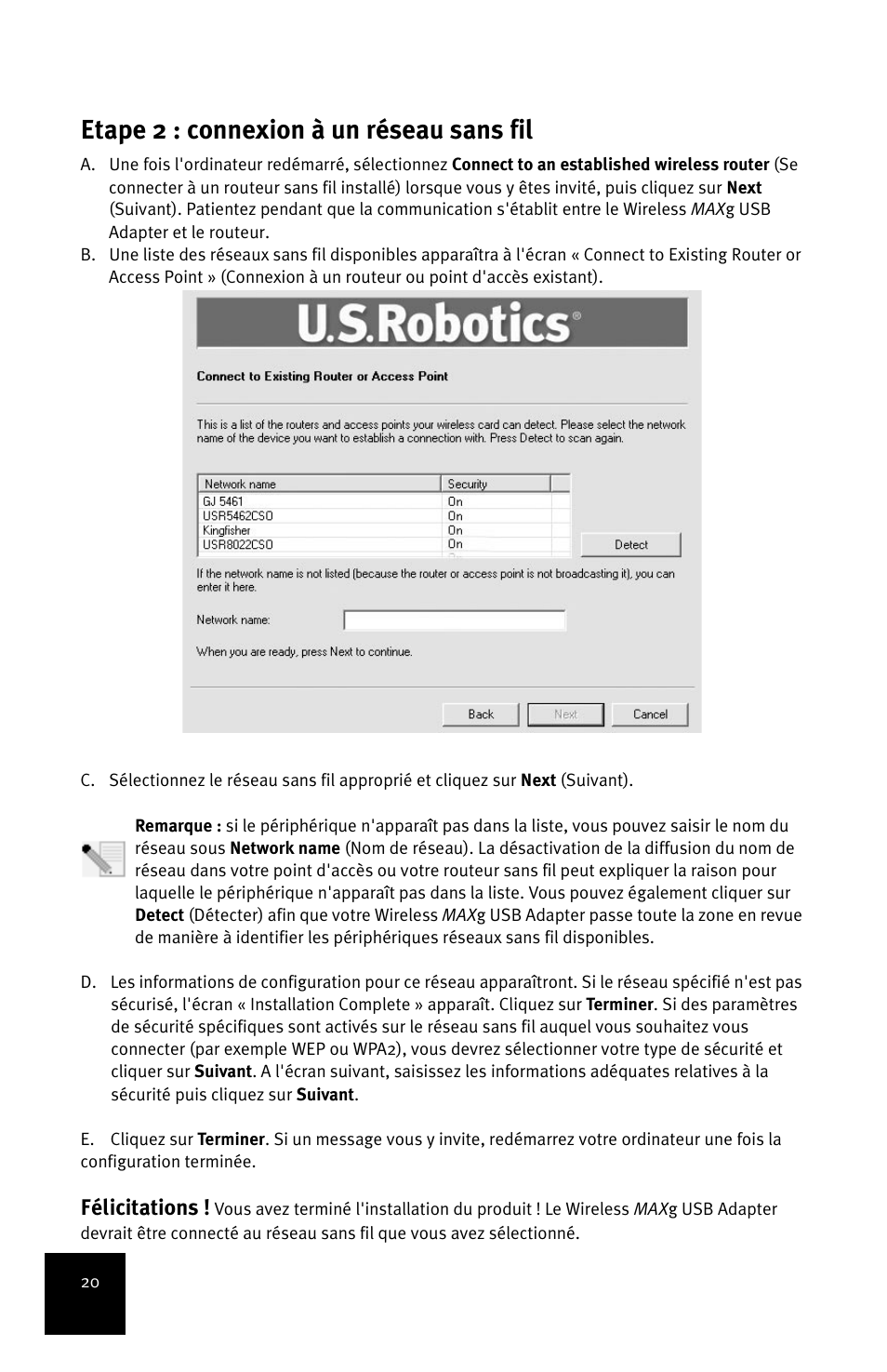 Etape 2 : connexion à un réseau sans fil, Félicitations | USRobotics MAXg User Manual | Page 24 / 90