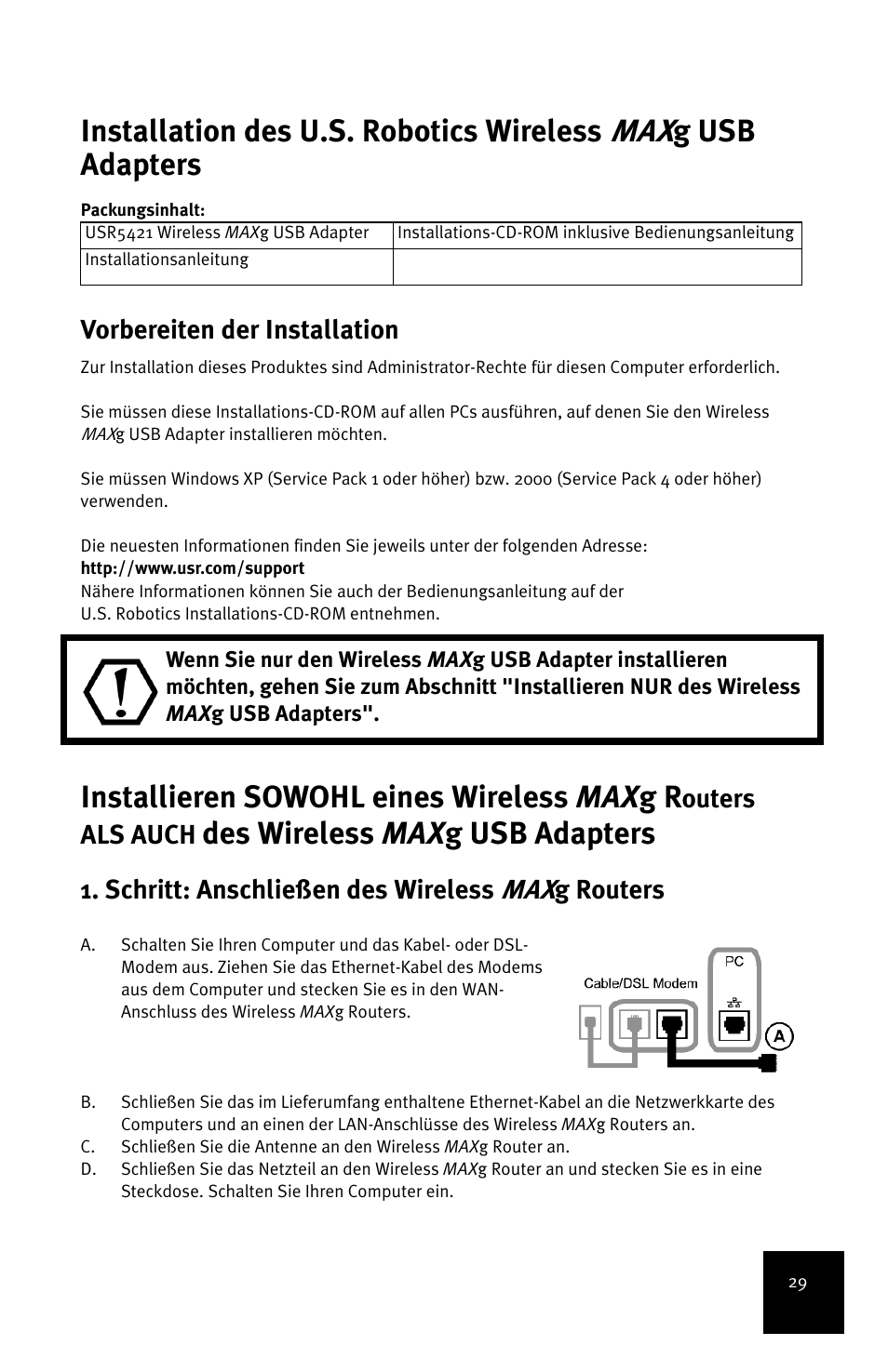 Installation des u.s. robotics wireless, G usb adapters, Installieren sowohl eines wireless max g r | Des wireless max g usb adapters, Vorbereiten der installation, Outers als auch, Schritt: anschließen des wireless, G routers | USRobotics MAXg User Manual | Page 33 / 90