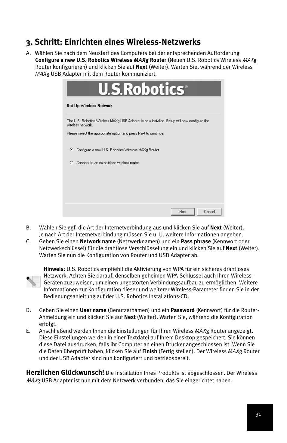 Schritt: einrichten eines wireless-netzwerks, Herzlichen glückwunsch | USRobotics MAXg User Manual | Page 35 / 90