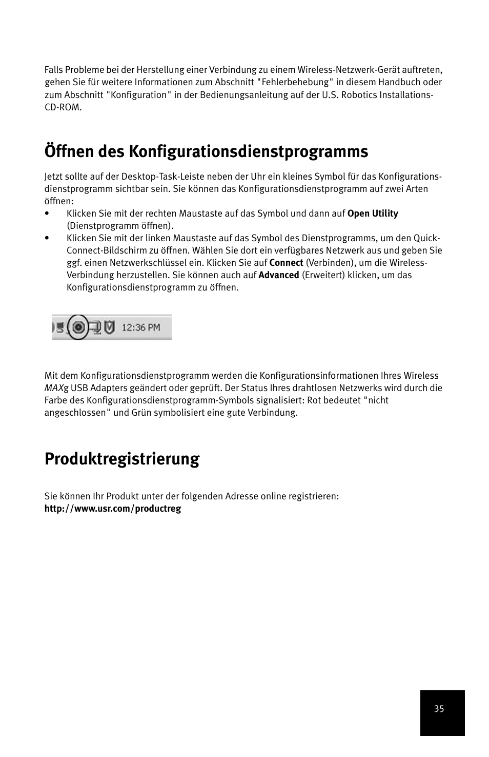 Öffnen des konfigurationsdienstprogramms, Produktregistrierung | USRobotics MAXg User Manual | Page 39 / 90