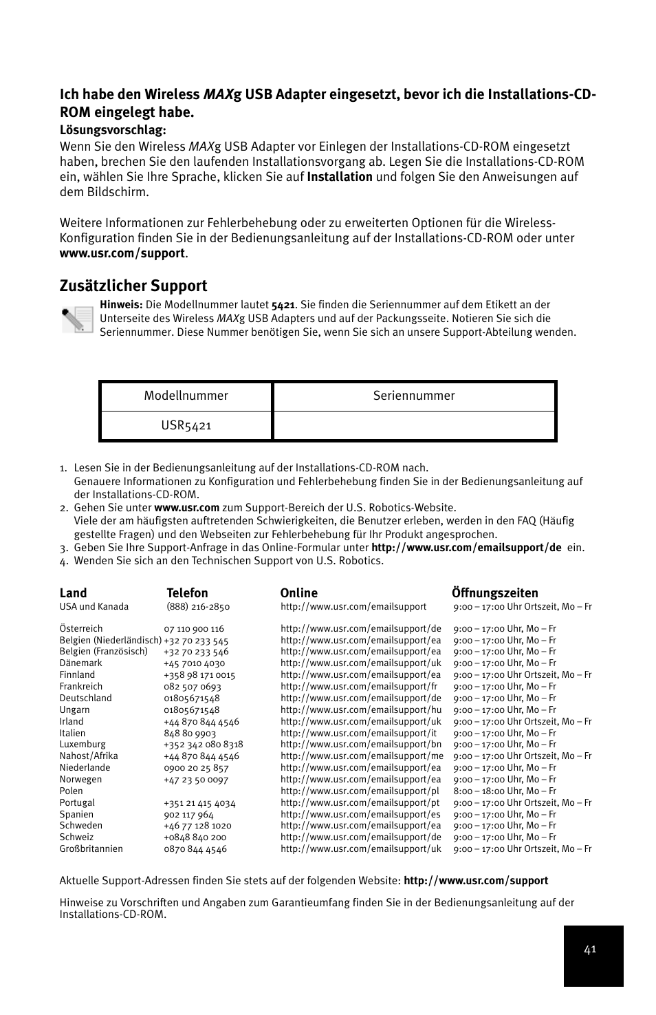 Zusätzlicher support, Land telefon online öffnungszeiten, Modellnummer seriennummer usr5421 | USRobotics MAXg User Manual | Page 45 / 90