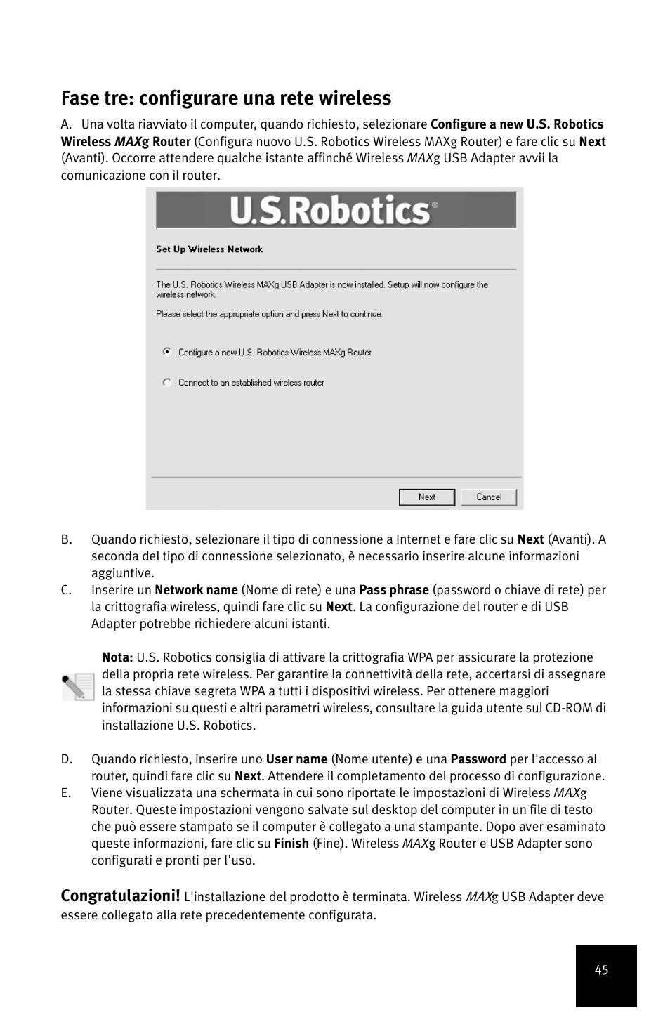 Fase tre: configurare una rete wireless, Congratulazioni | USRobotics MAXg User Manual | Page 49 / 90